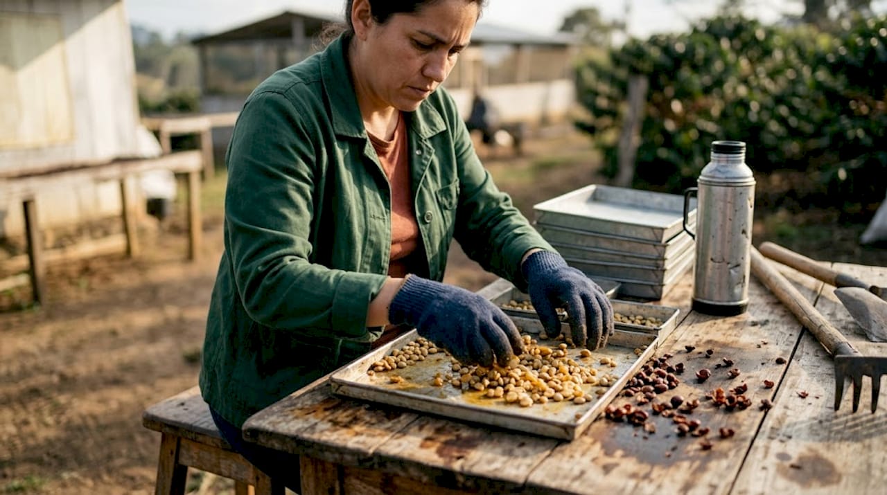 Sorting sticky yellow honey coffee beans outdoors
