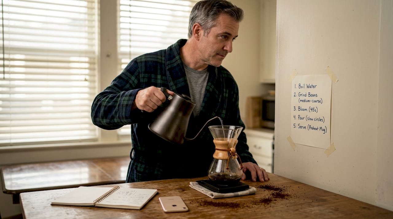 Man performing morning coffee brewing ritual