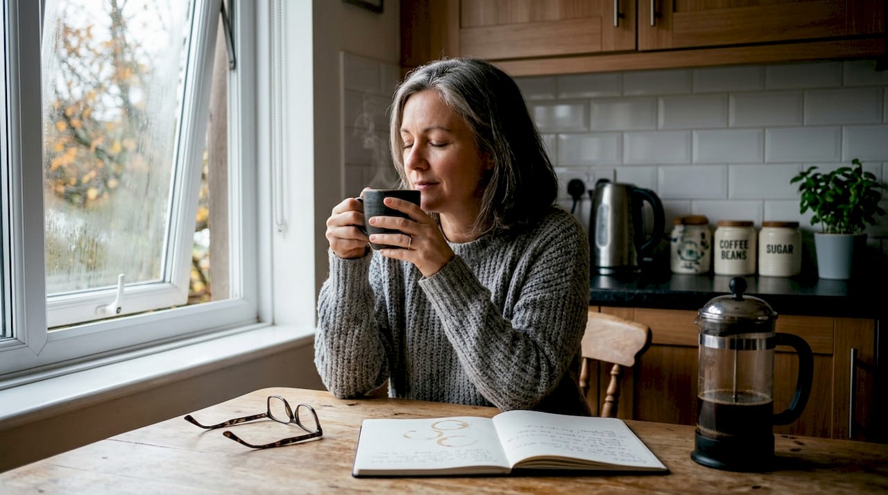 Woman savoring aroma of brewed coffee