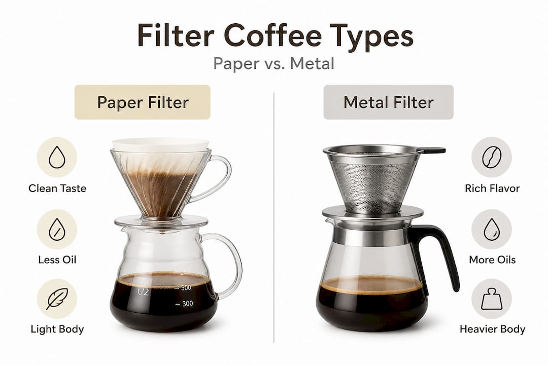 Infographic comparing paper and metal coffee filters