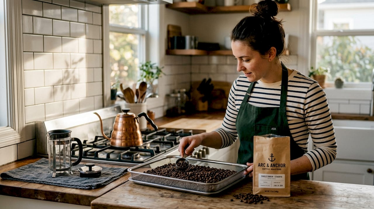 Woman cooling fresh roasted coffee beans at home