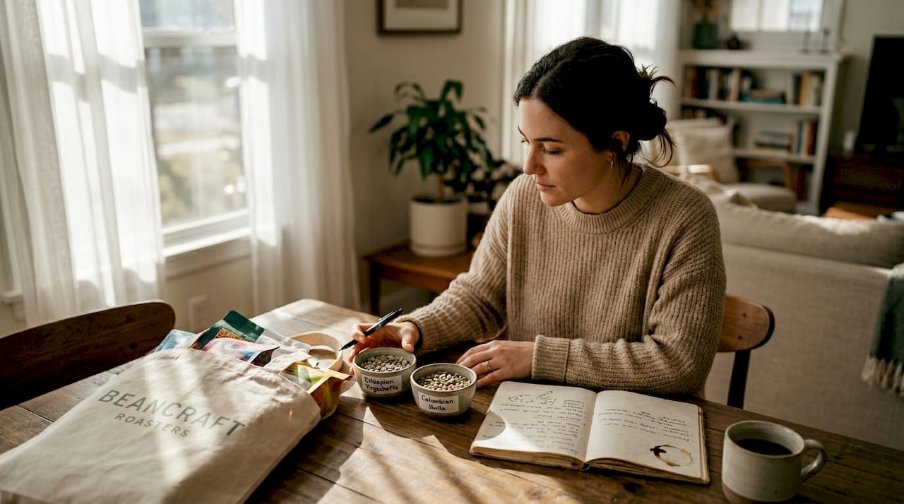 Woman comparing green coffee beans at table