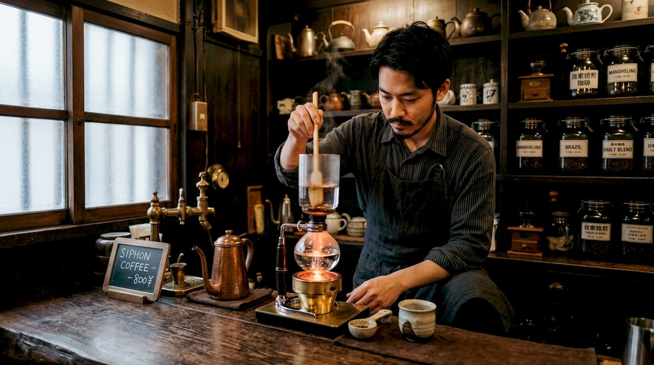 Barista making siphon coffee in Japanese kissaten