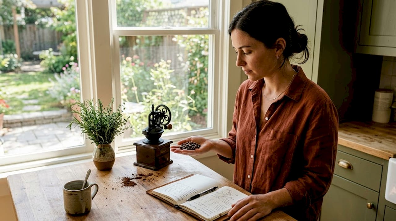 Woman checking coffee bean freshness at home