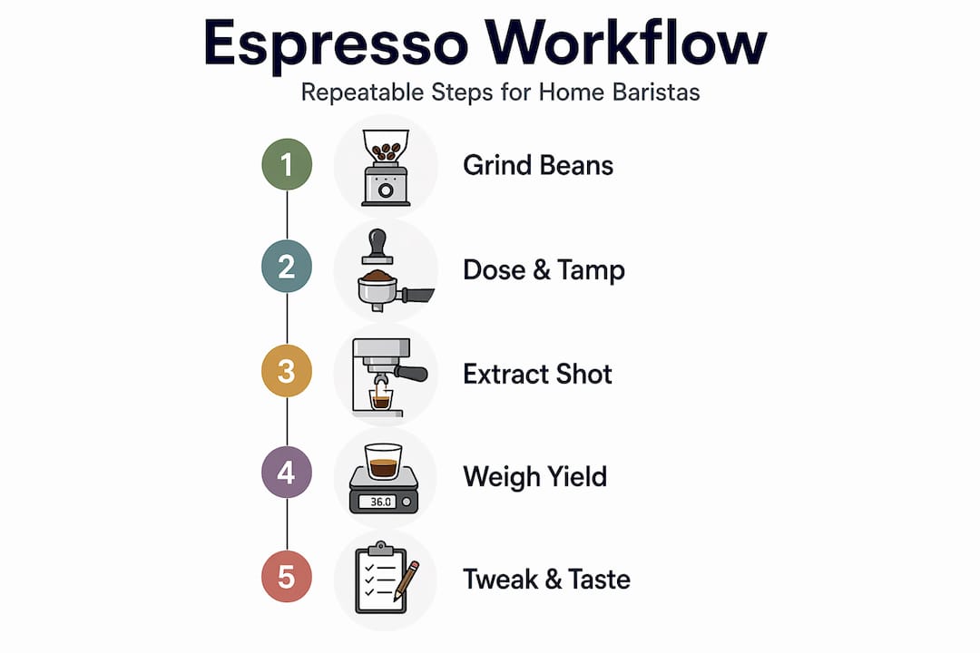 Infographic of step-by-step espresso workflow