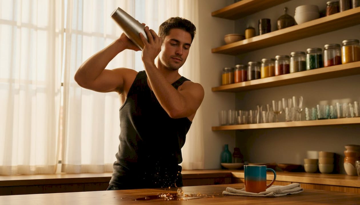 Man shaking espresso and syrup on kitchen island