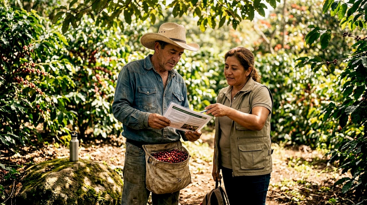 Coffee farmer reviews training with advisor