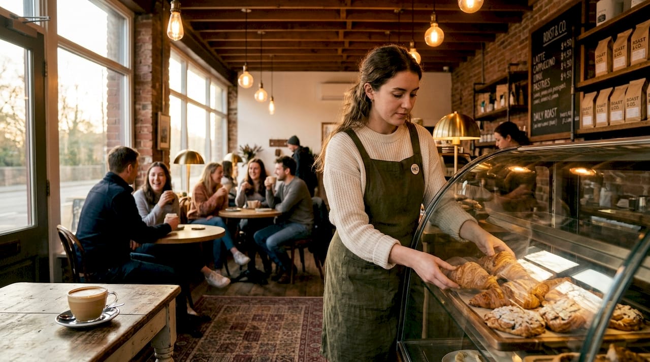 Layered warm lighting in evening coffee shop