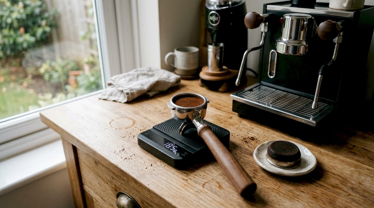 Espresso portafilter on digital scale in kitchen