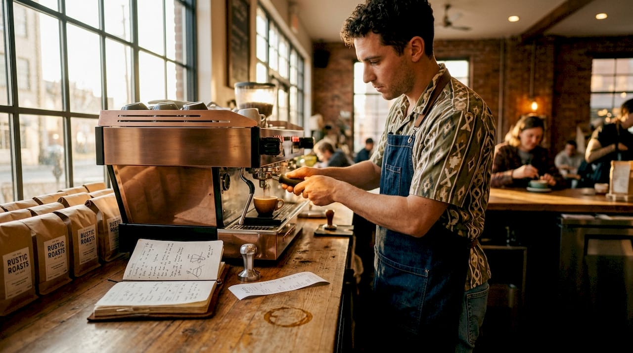 Barista preparing espresso in urban café