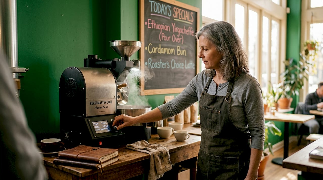 Café owner operating in-house coffee roaster