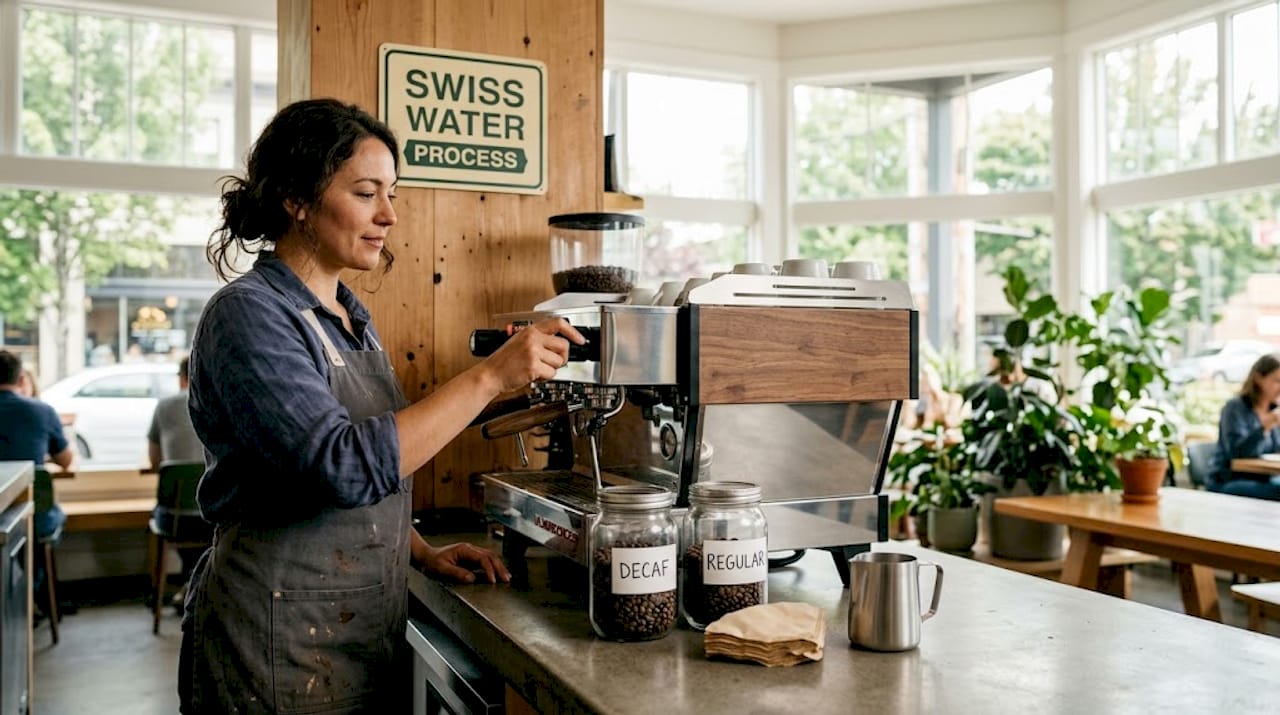 Cafe worker preparing decaf with Swiss Water Process