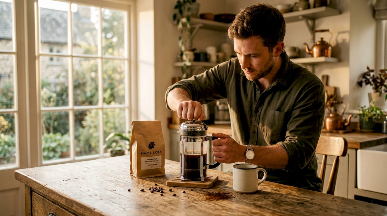 French press coffee brewing at home