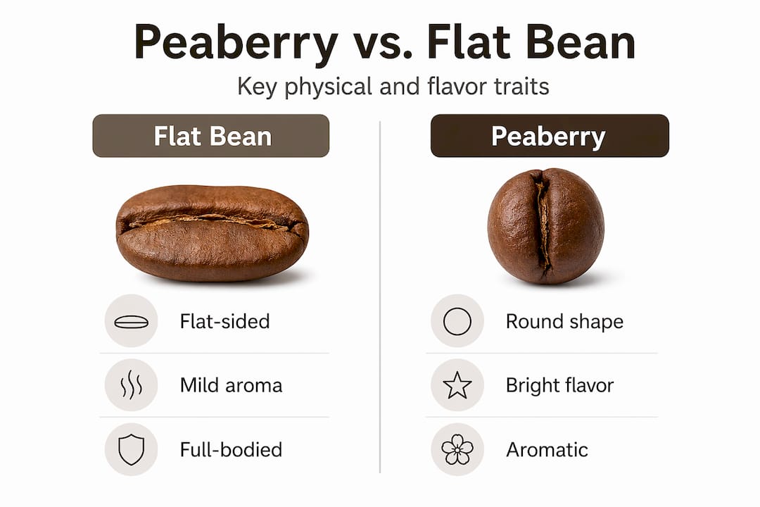 Infographic comparing peaberry and flat coffee beans