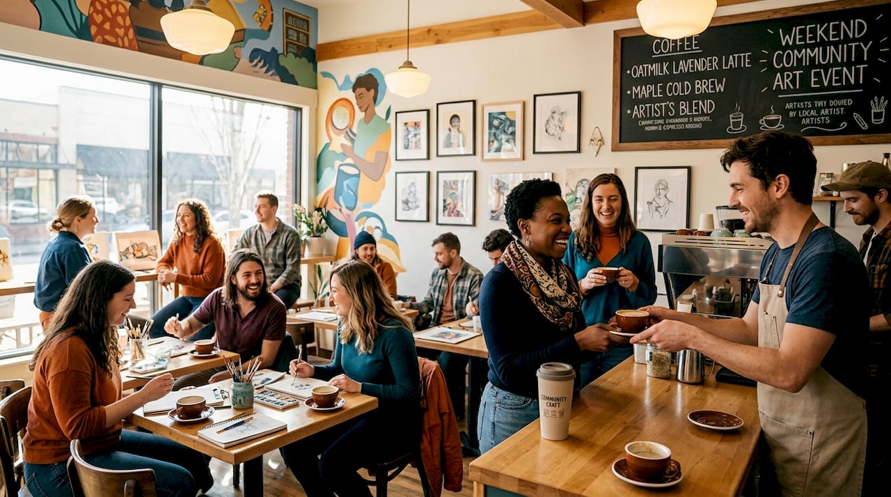 Community enjoying coffee shop art collaboration event