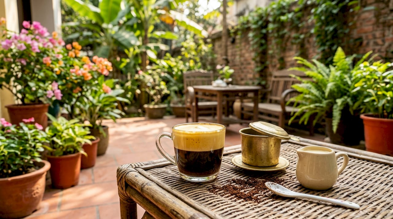 Vietnamese egg coffee freshly prepared on wooden tray