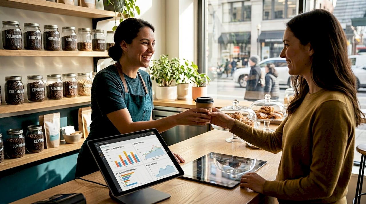 Barista using POS system handing coffee