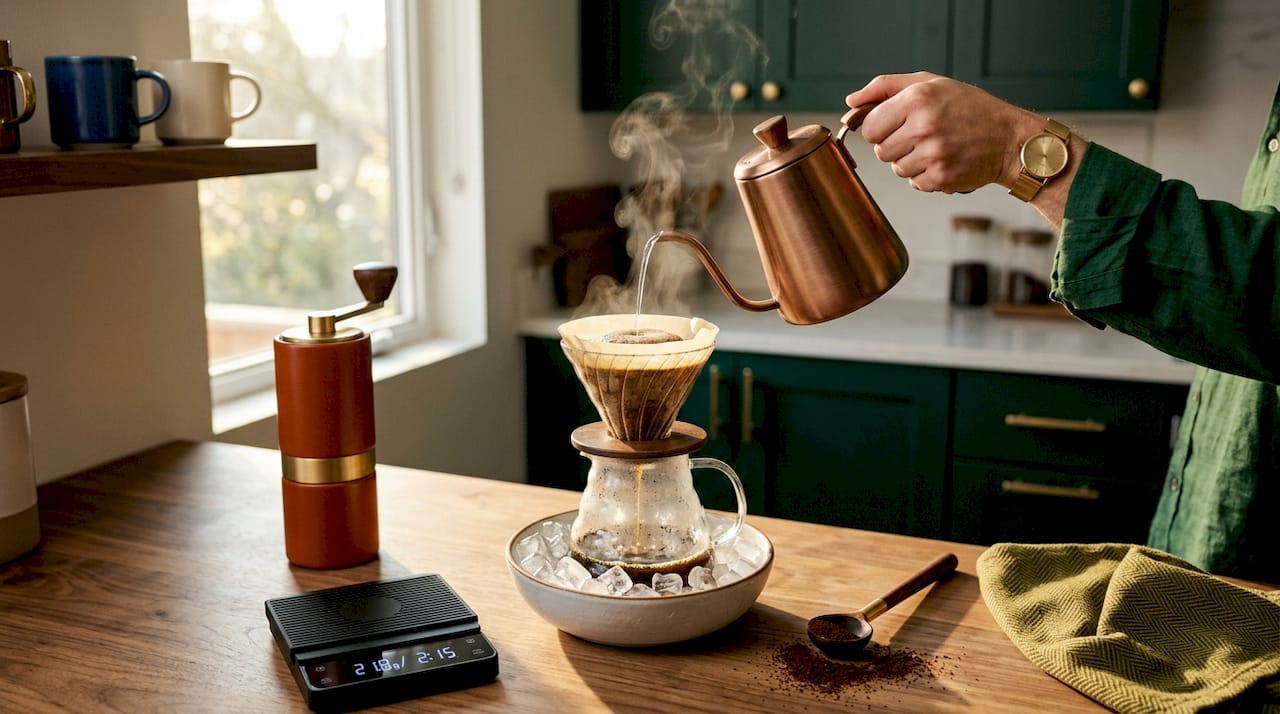 Pouring hot water over coffee grounds for flash brew