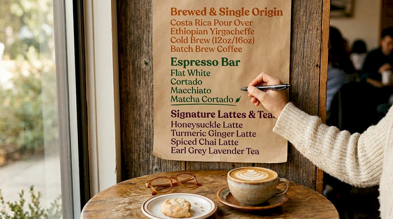 Close-up coffee menu with selection notes