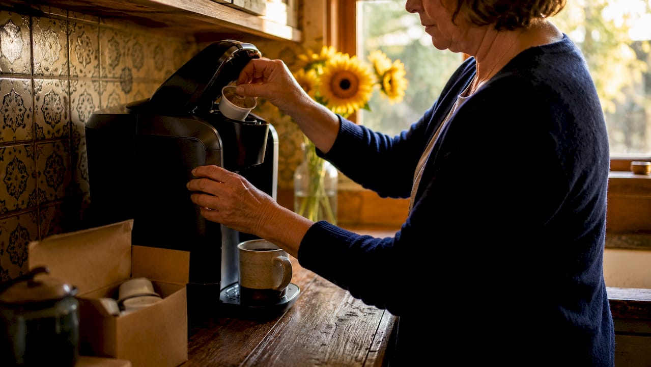 Person using single serve coffee machine at home