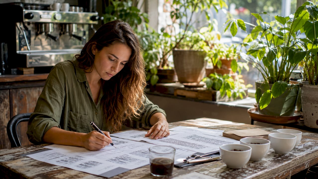 Specialist reviewing coffee lot documents at office desk