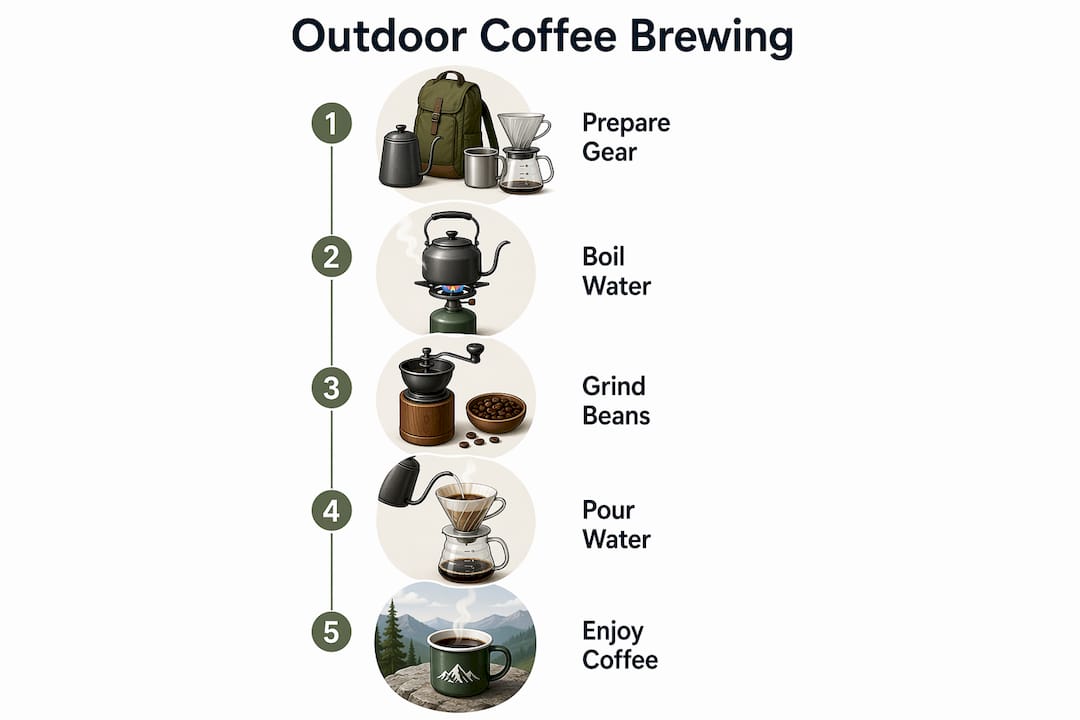 Infographic illustrating outdoor coffee brewing steps