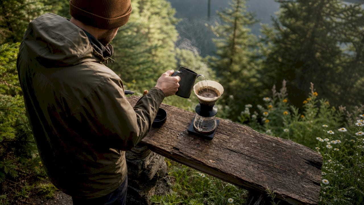 Hands pouring water over coffee grounds outdoors
