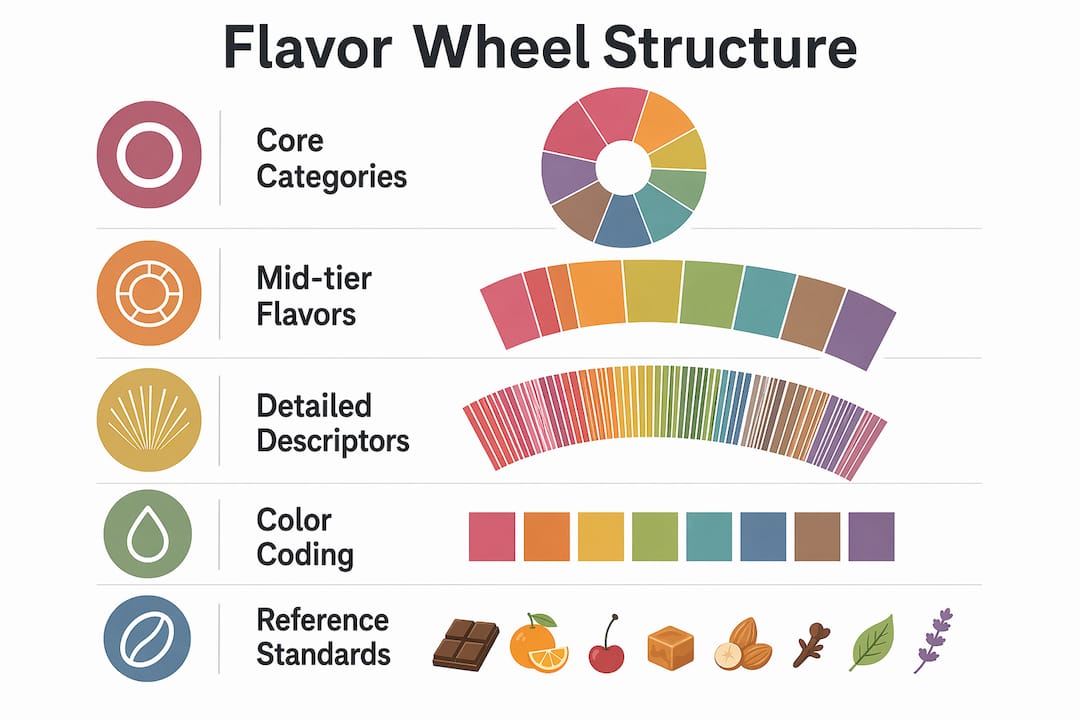 Infographic illustrating coffee flavor wheel structure