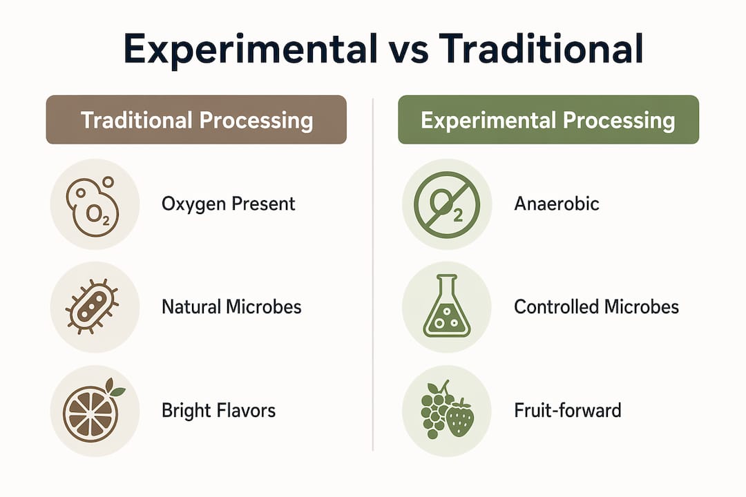 Infographic comparing experimental and traditional coffee processing methods
