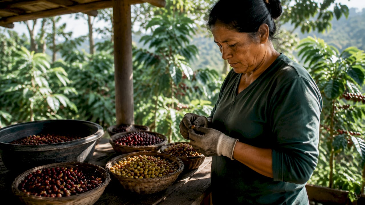 Hands holding coffee cherries over fermentation workspace