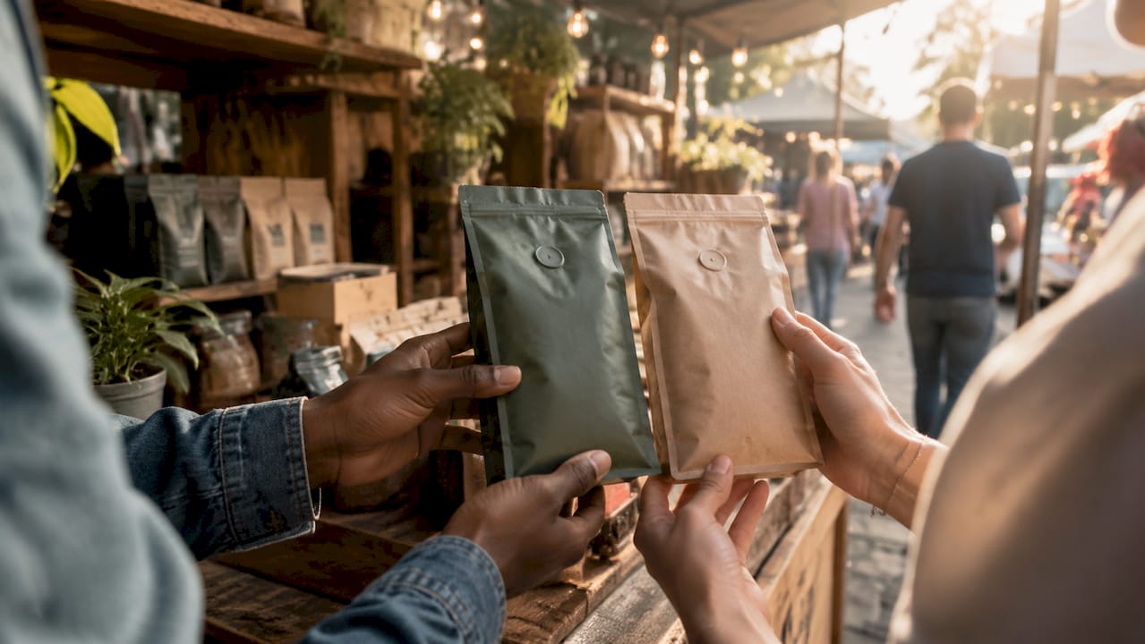 Hands comparing coffee bags in specialty shop