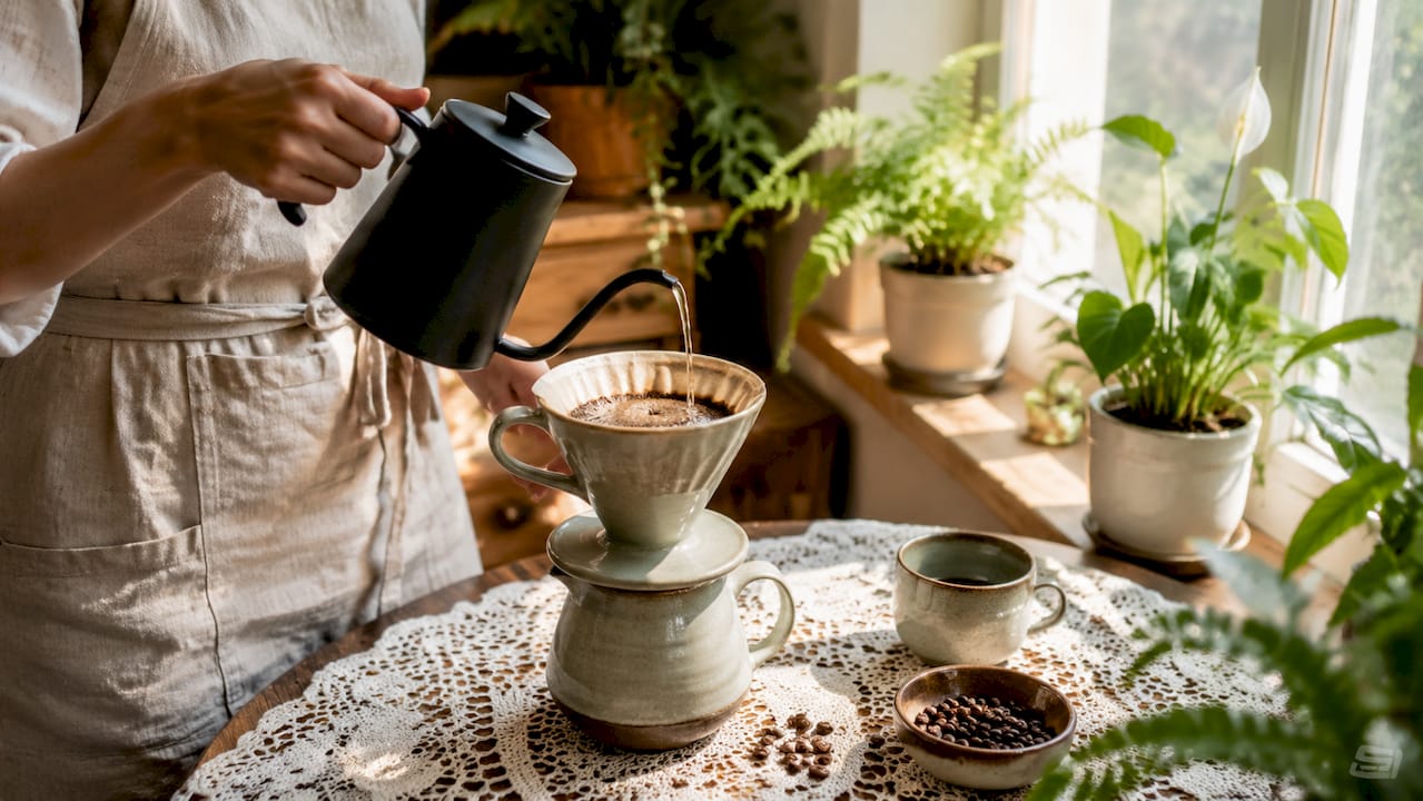 Hands measuring coffee grounds for pour-over brew