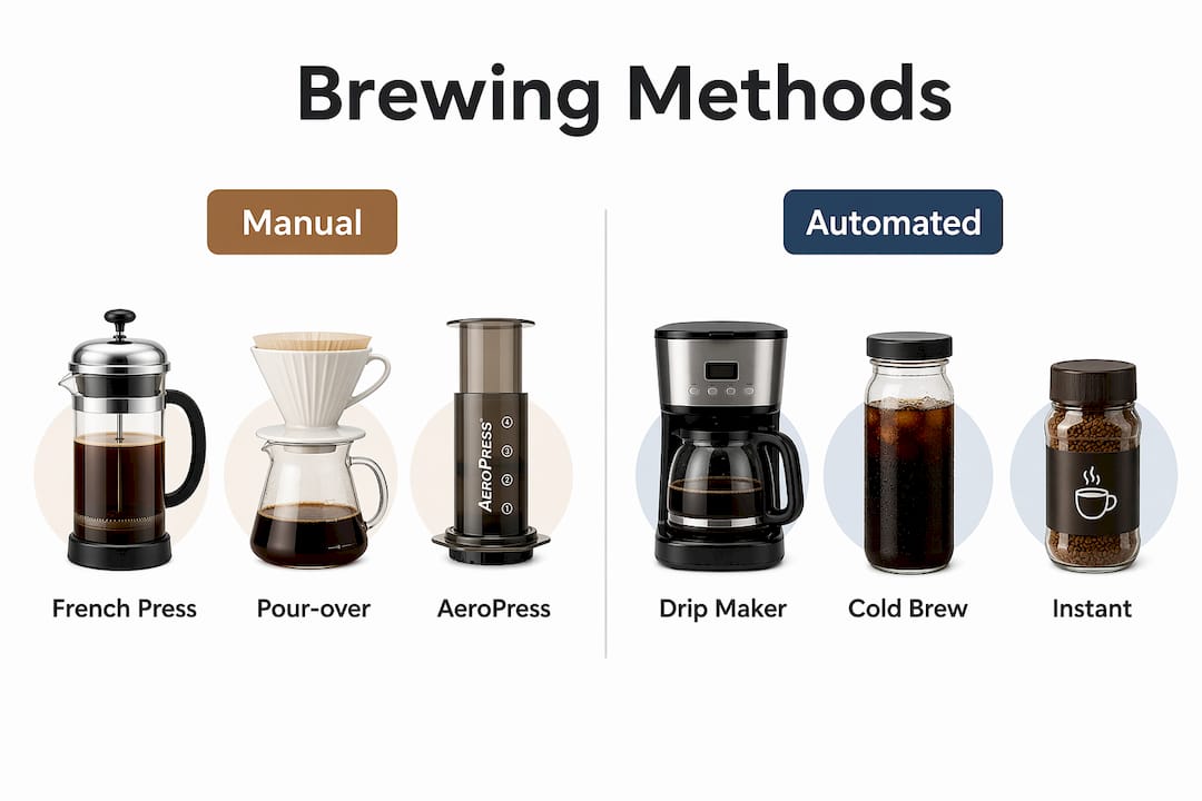 Infographic comparing manual and automated coffee brewing methods