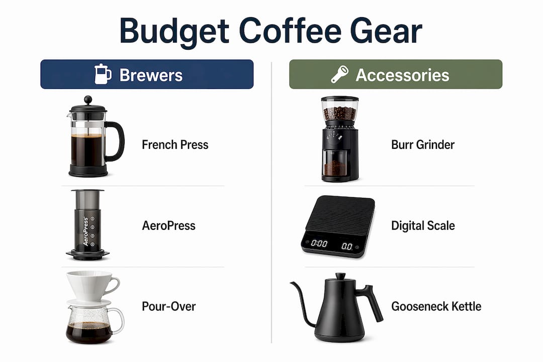 Infographic comparing budget coffee brewers and accessories