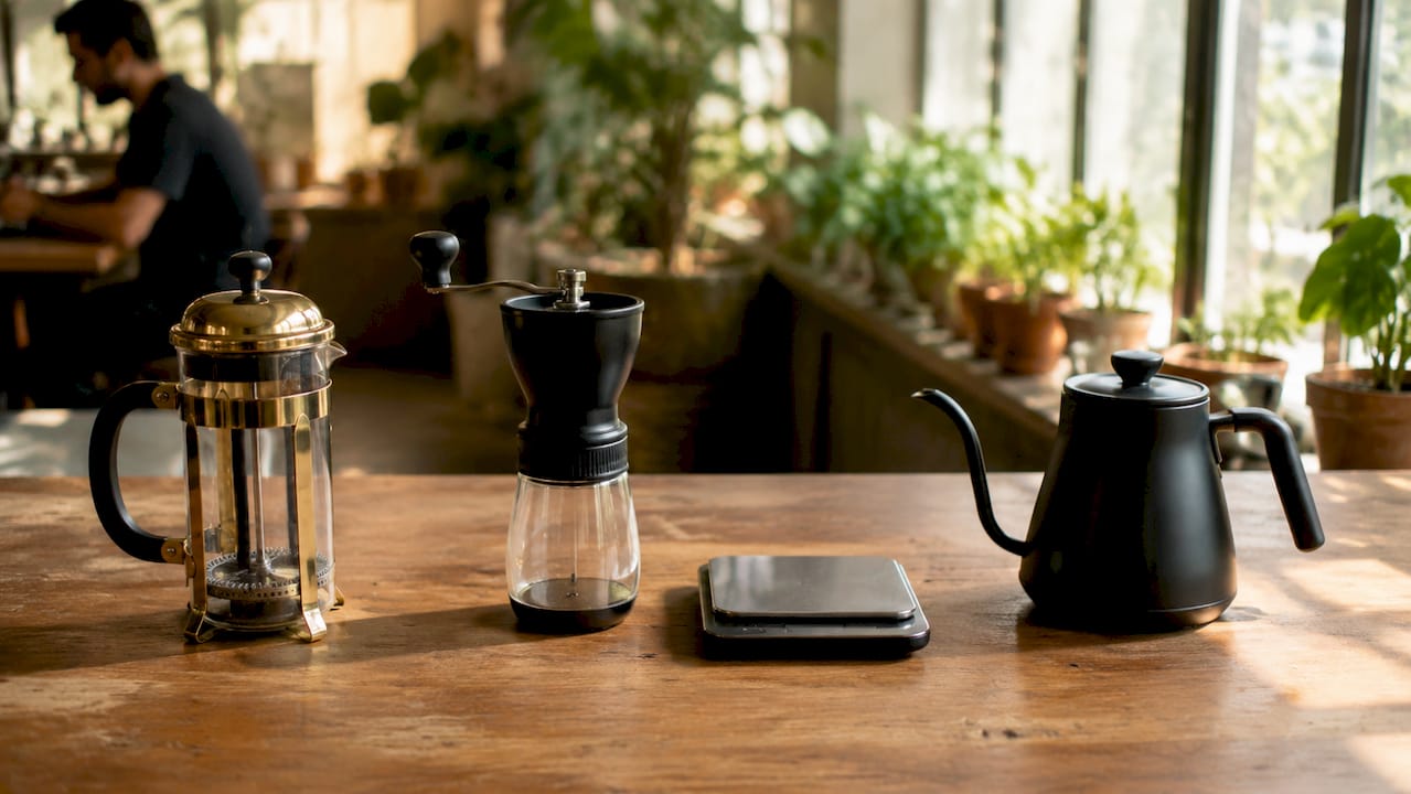 Essential budget coffee brewing tools on wood table