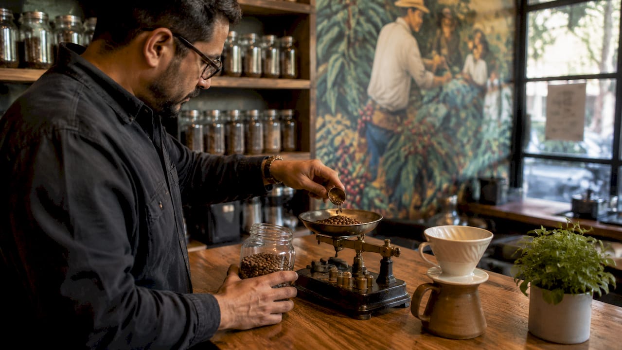 Hands weighing micro-lot coffee beans in roastery