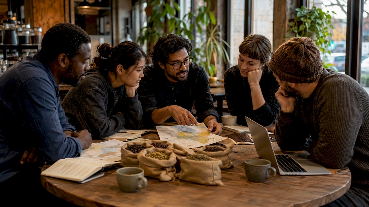 Group discussing coffee origin and traceability