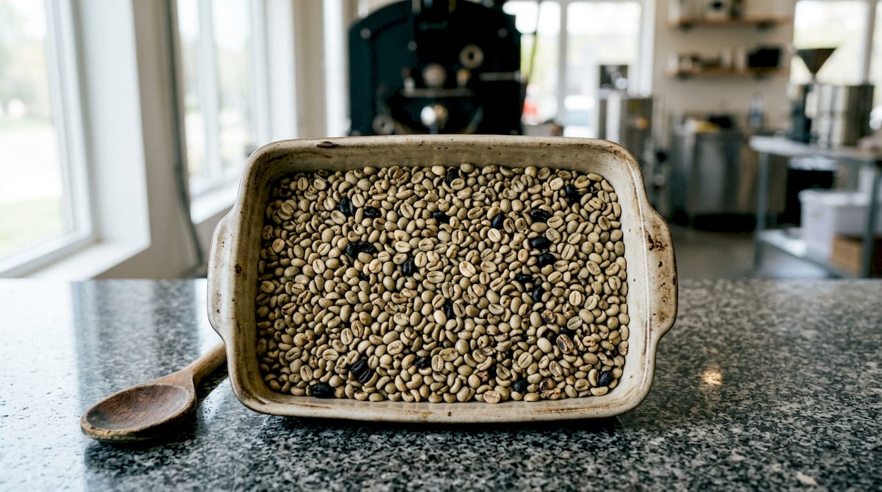 Mixed coffee beans with visible roasting defects in tray