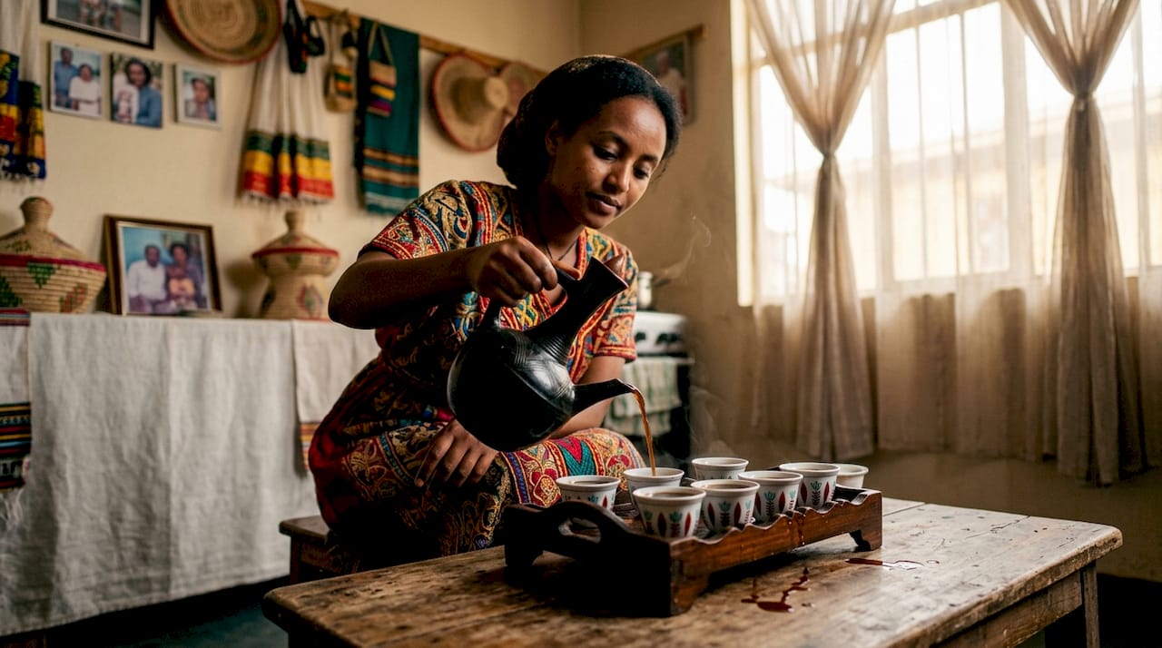 Ethiopian woman pouring coffee in ceremony