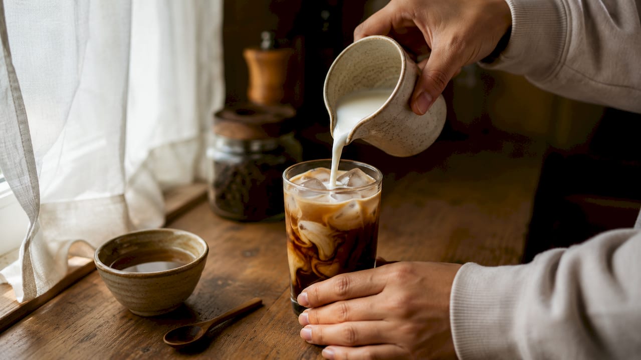 Hands pouring milk into iced latte glass close-up