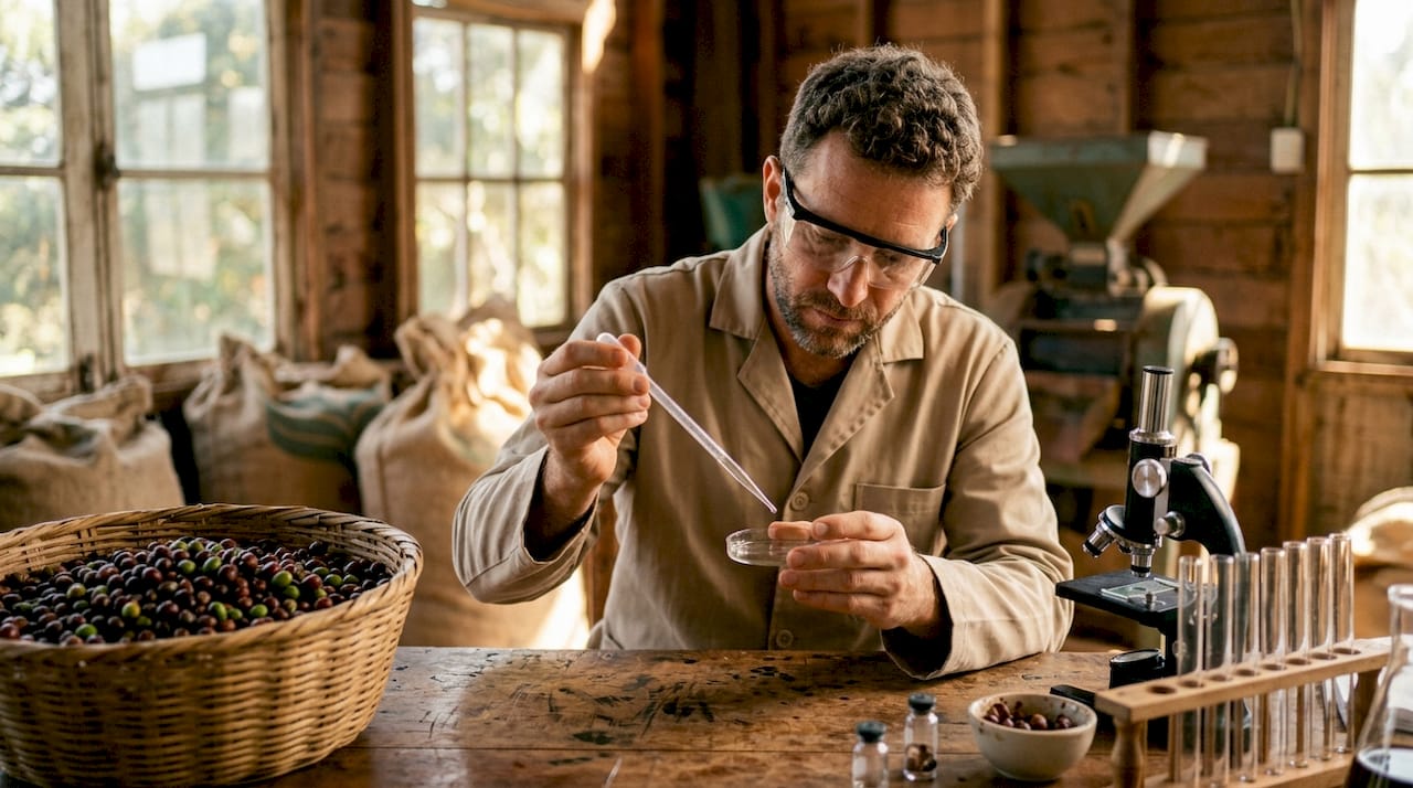 Scientist examining coffee fermentation microbes in lab