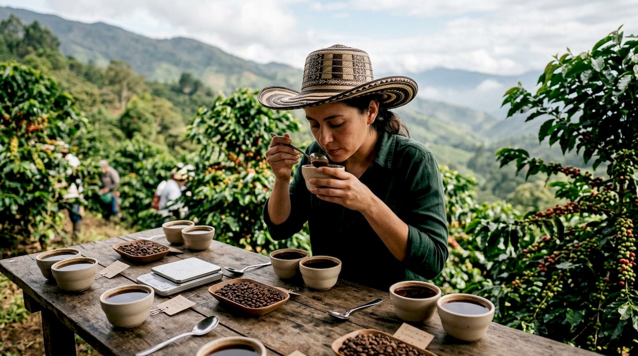 Person cupping specialty coffee samples outdoors
