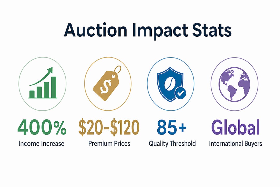 Infographic showing coffee auction statistics and benefits