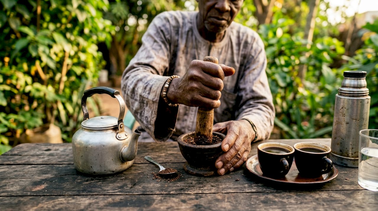 Cafe Touba coffee ceremony utensils and hands grinding spices
