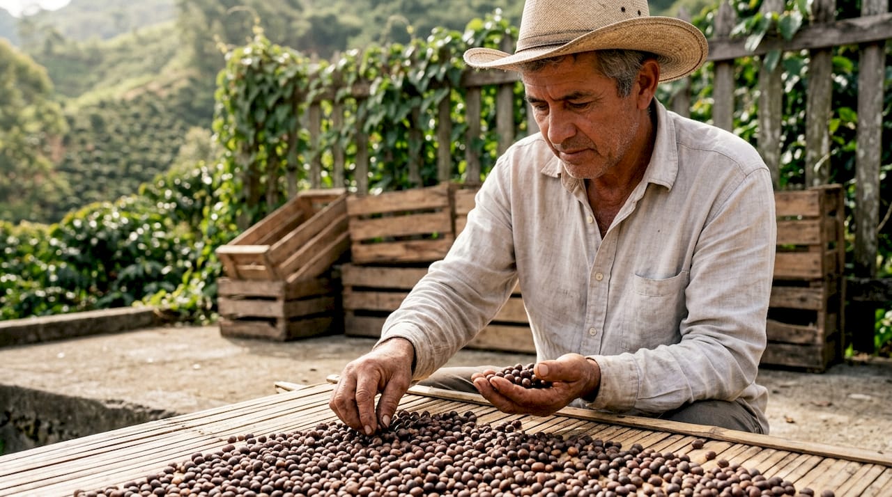 Coffee producer sorting dried cherries by hand