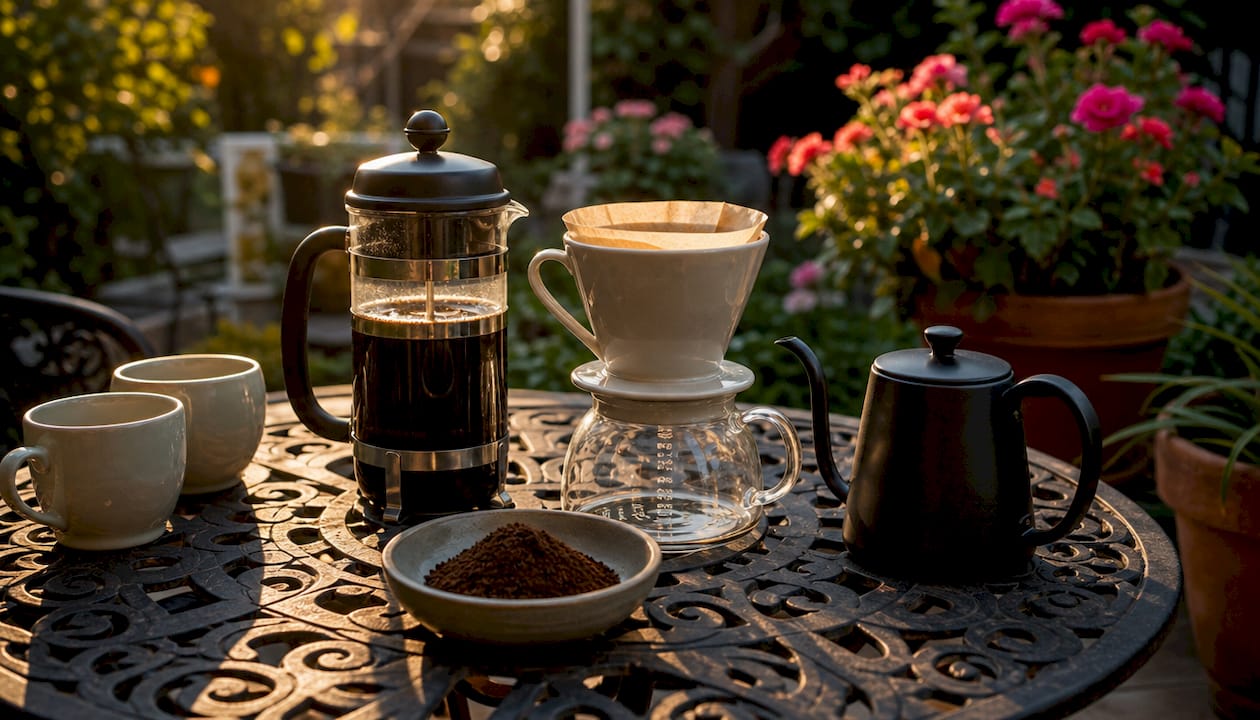 Coffee brewing tools on wooden table overhead