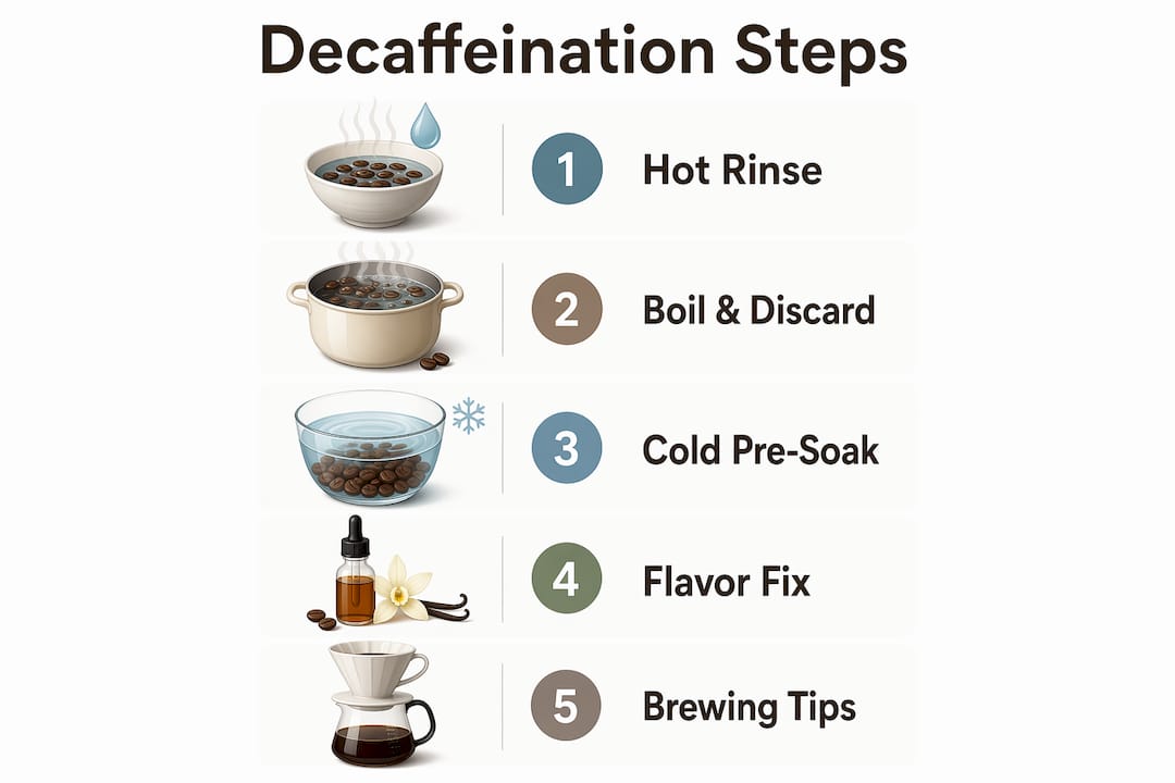 Infographic outlining steps to decaffeinate coffee at home