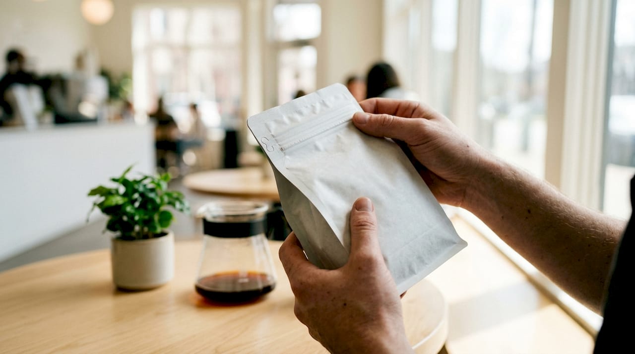 Hands holding mono-material polyethylene coffee bag