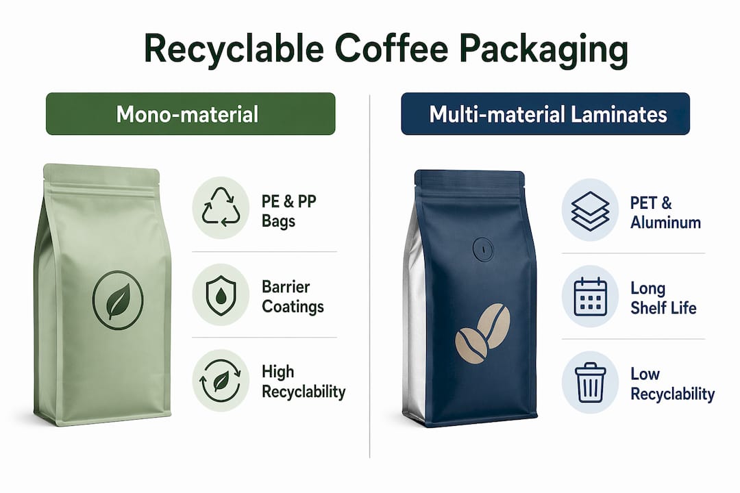 Infographic comparing mono-material and multi-material coffee packaging recyclability