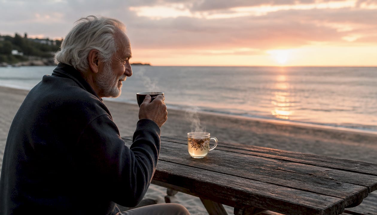 Man enjoying different coffees outdoors